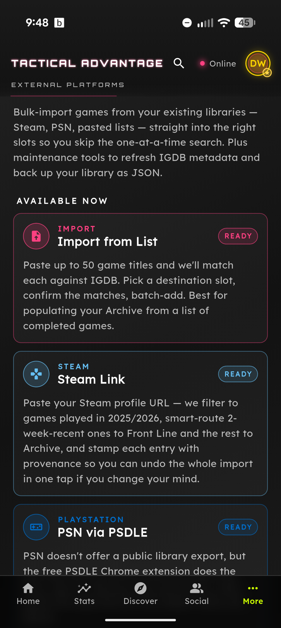 Import screen for bringing in an existing backlog