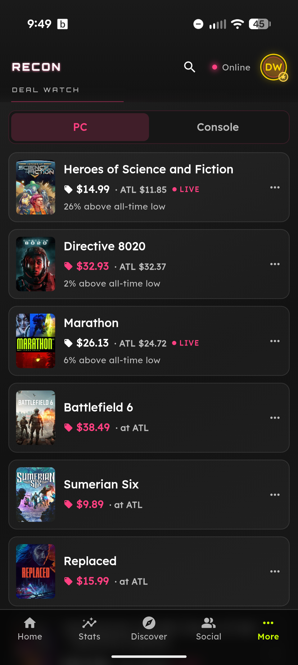 Deal recon screen showing price drops on watched games