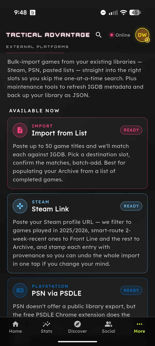 Import screen for bringing in an existing backlog