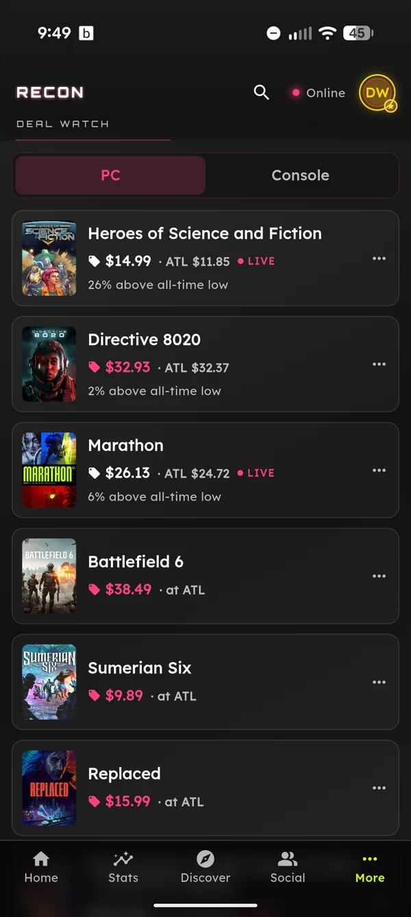 Deal recon screen showing price drops on watched games