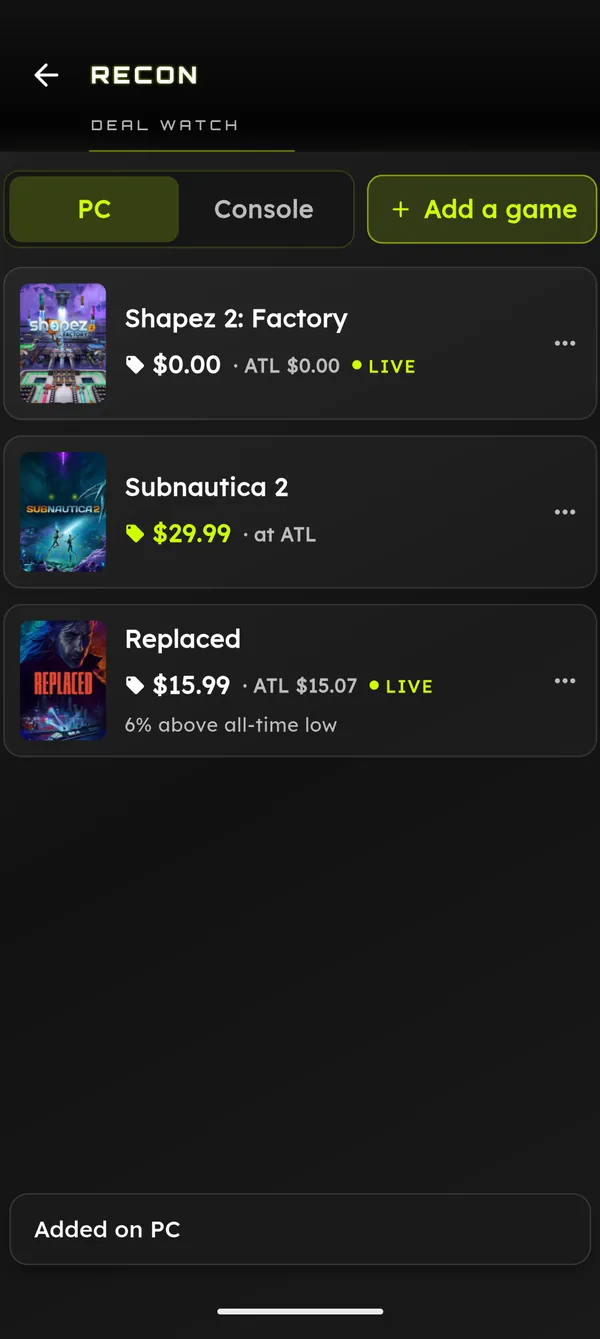 Deal recon screen showing price drops on watched games